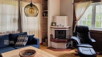 Smart TV, fireplace, books, stereo