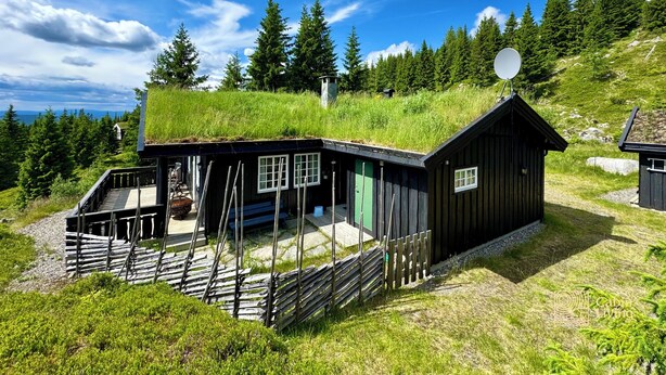 A cabin with a grass roof, wooden exterior, and a satellite dish. - Cozy spacious cabin with sauna at Natrudstilen (Ringsaker)