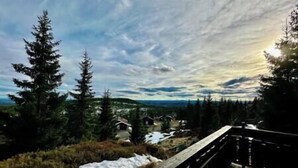 A wooden bridge with a metal railing, surrounded by dense forest and a small settlement with houses. - Cozy spacious cabin with sauna at Natrudstilen (Ringsaker)