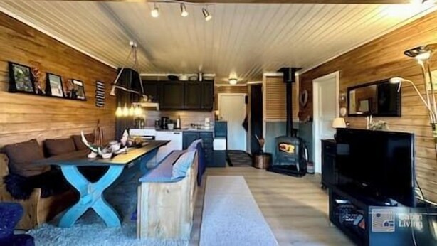 A cozy cabin interior with a wooden interior, a dining area, a sofa, a TV, and a fireplace. - Cozy cottage in Skeikampen - close to Hafjell! (Gausdal)