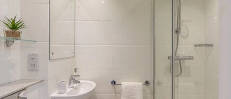 A modern bathroom with a glass-enclosed shower, a white sink, and a small shelf with a plant.