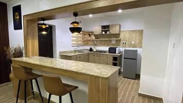 Family Apartment, Balcony, City View | Private kitchen | Fridge, microwave, oven, stovetop