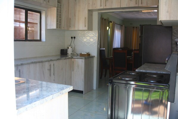 Fridge, oven, stovetop, electric kettle