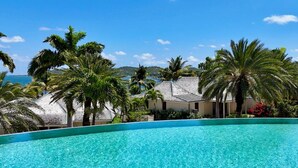 Une piscine d’un bleu éclatant, entourée de palmiers, et un bâtiment doté d’un toit en pente.