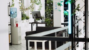 Una oficina moderna con un escritorio, computadora y varias plantas.