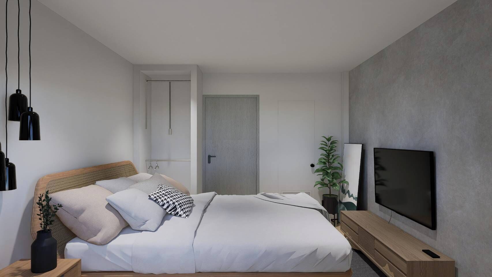 A modern bedroom with a bed, bedside tables, a TV, and a door leading to another room.