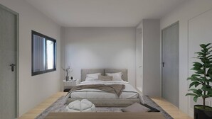 Un dormitorio moderno con una cama, una mesita de noche y una planta en maceta.