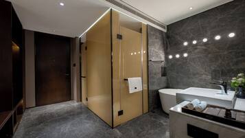 Luxury Double Room, City View | Bathroom | Separate tub and shower, deep soaking tub, rainfall showerhead
