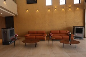 Une pièce spacieuse avec deux canapés orange, une petite table sur laquelle est posé un vase de fleurs, et un radiateur sur la droite.