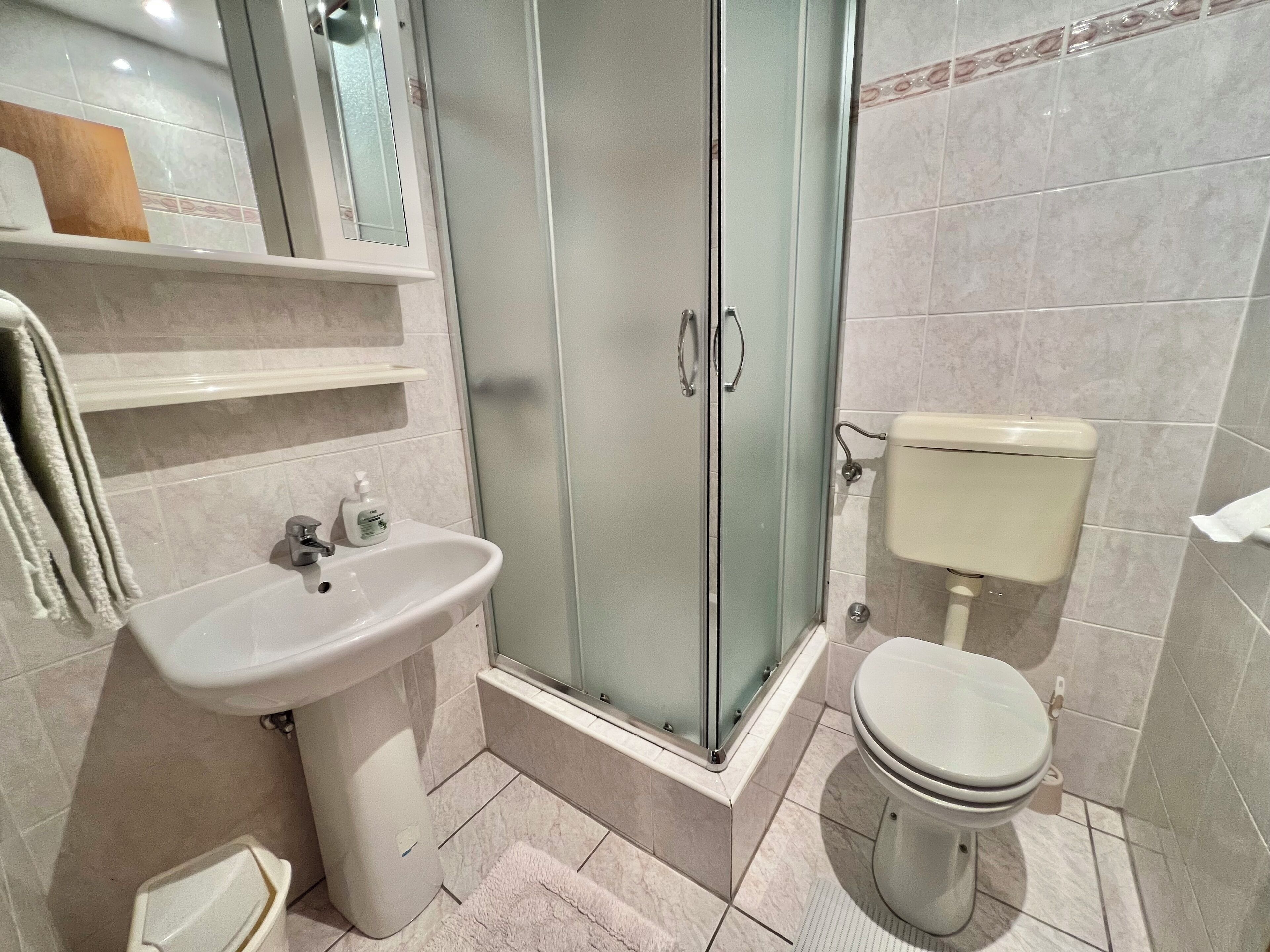 A bathroom with a glass-enclosed shower, a pedestal sink, and a toilet.