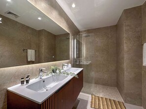 Shower, hair dryer, towels