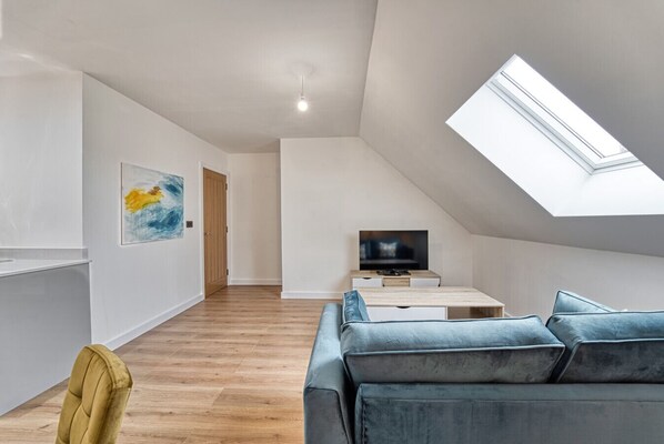 A modern loft apartment with a sloped ceiling, a skylight, a TV, a sofa, and a painting on the wall.