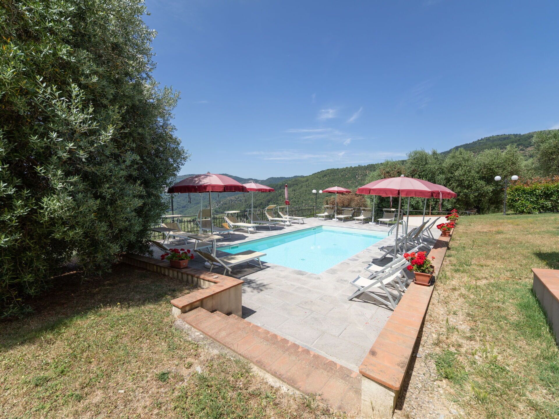 Piscina con sillas de descanso y sombrillas, rodeada de vegetación y colinas.