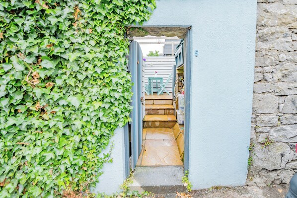 A narrow stone staircase leading to a door, surrounded by lush green ivy.