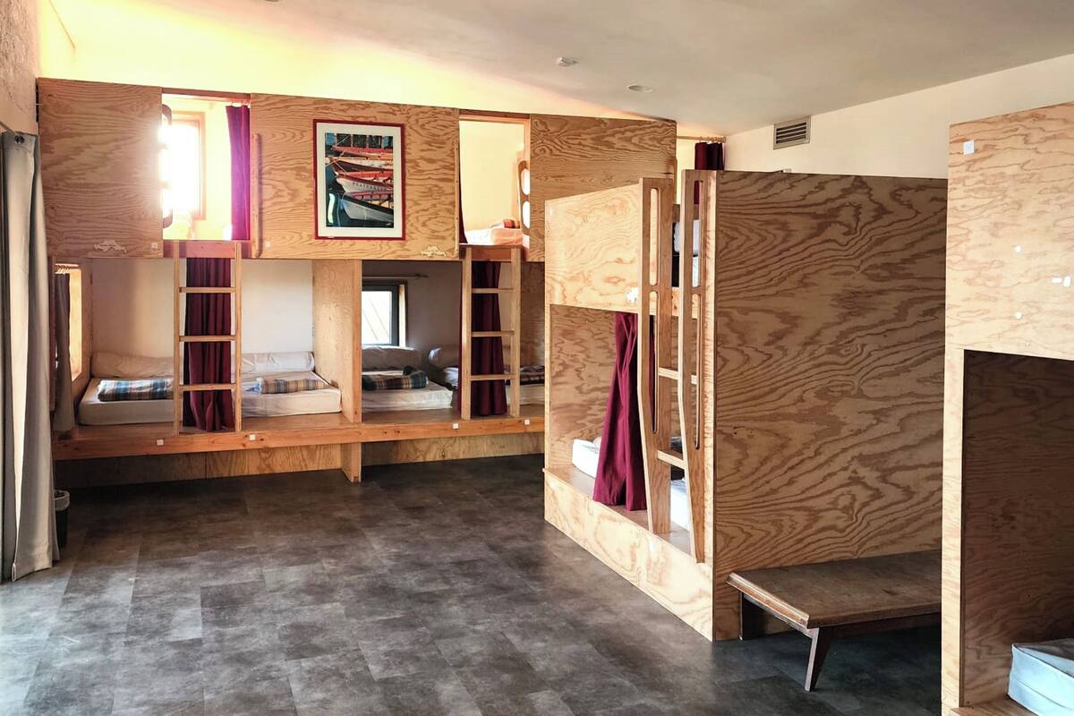 A room with bunk beds, a window with curtains, and a framed picture on the wall.