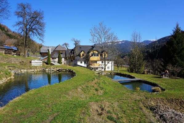 A traditional chalet-style house with a pond and a small bridge, surrounded by trees and hills.