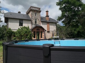 A large house with a swimming pool in the backyard.