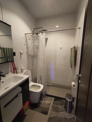 Douche, sèche-cheveux, serviettes fournies, savon