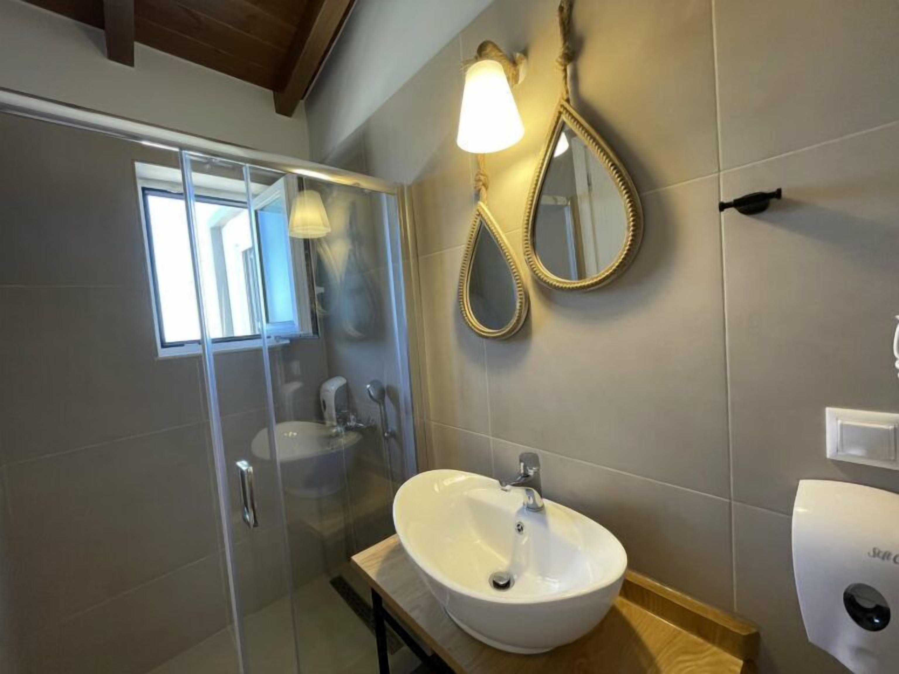 A modern bathroom with a glass shower enclosure, a white sink, and two wall-mounted mirrors.