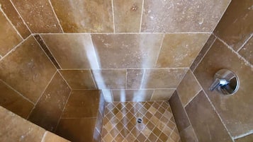 Shower, hair dryer, shampoo