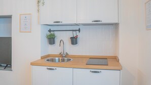 Une cuisine avec des meubles blancs, un plan de travail en bois, un évier en acier inoxydable et une plante suspendue.
