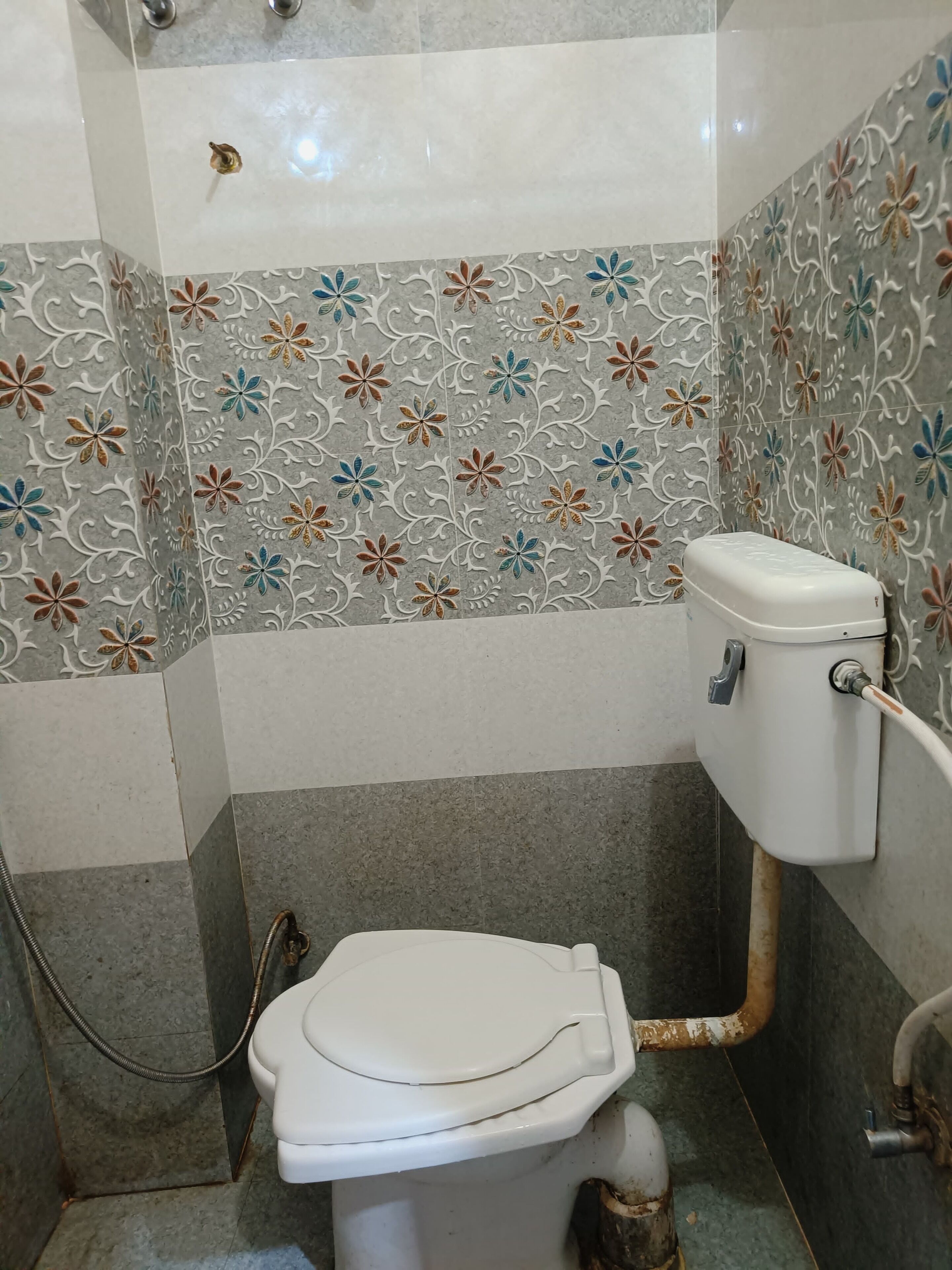 A bathroom with a toilet, shower, and tiled walls with a floral pattern.