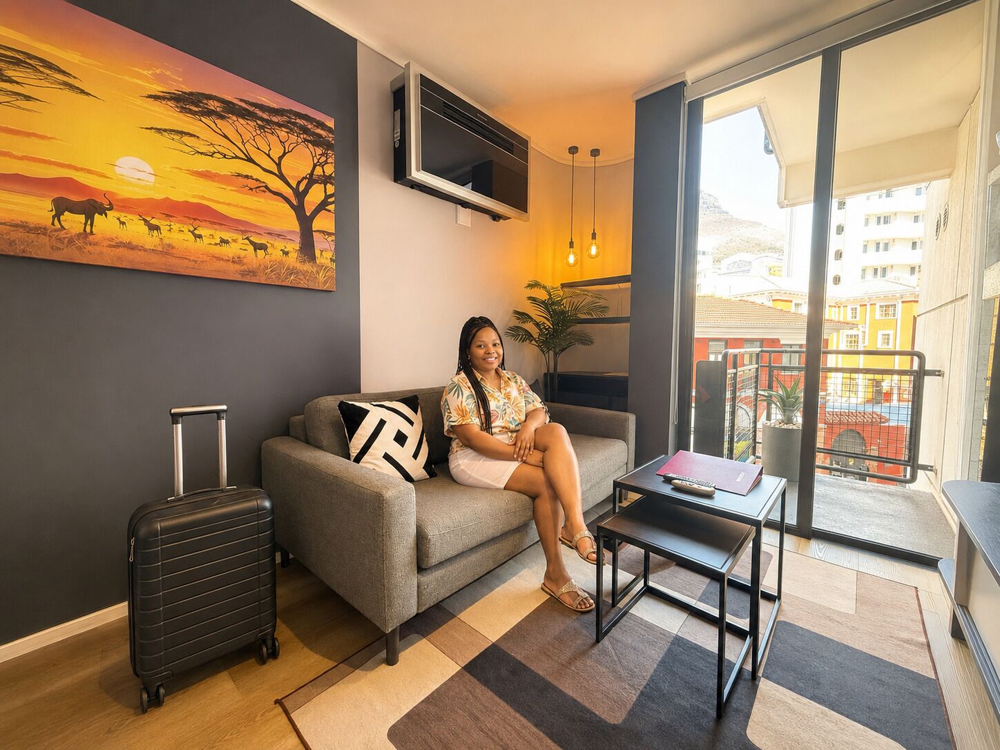Ein Zimmer mit einer Couch, einem kleinen Tisch, einem Koffer, einem an der Wand befestigten Fernseher und einem großen Fenster mit Blick auf Gebäude.