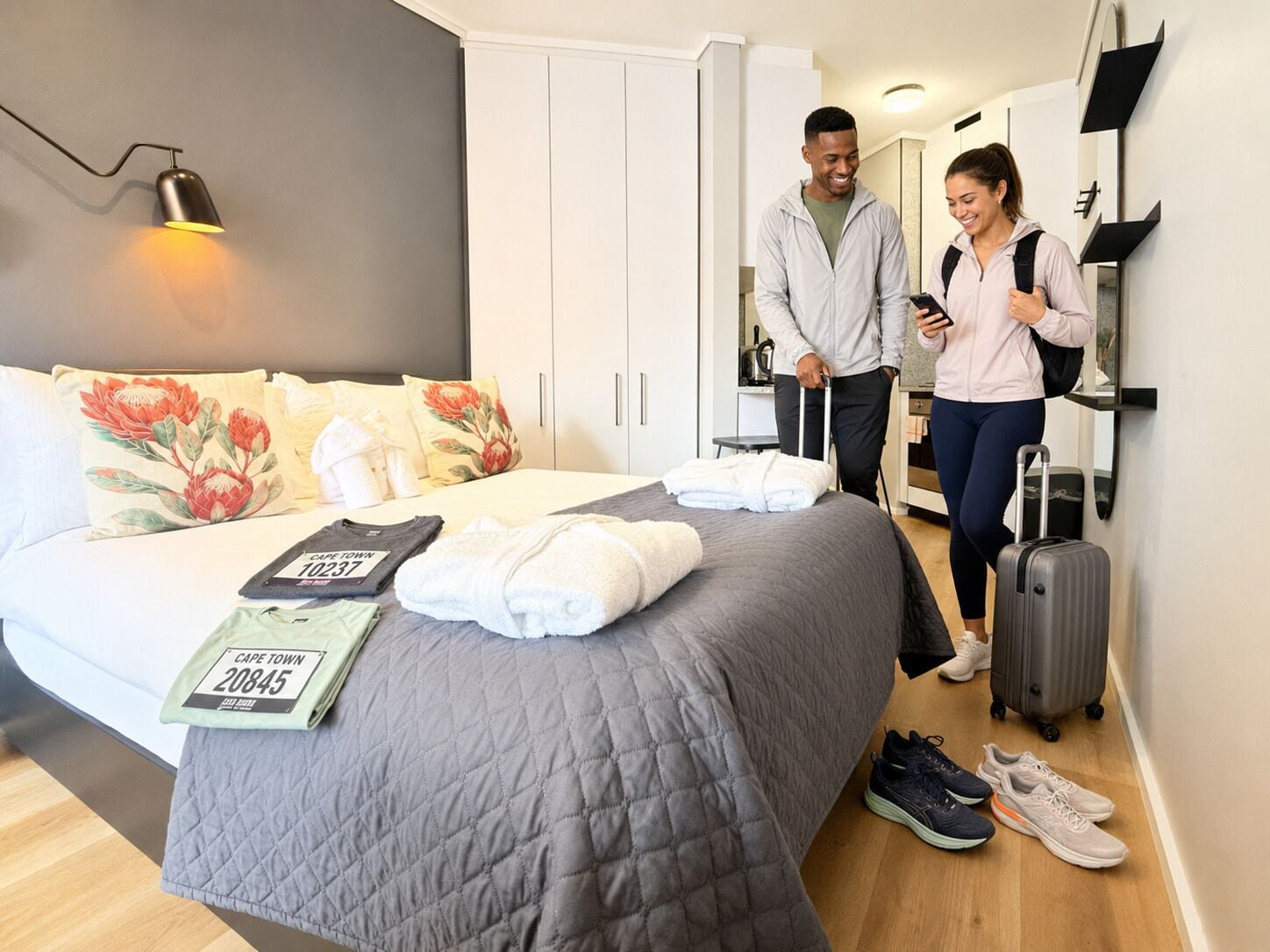 A hotel room with a bed, a bedside table, a lamp, a wardrobe, and a suitcase.