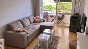 A modern living room with a sofa, a glass coffee table, and a TV stand with a heater.