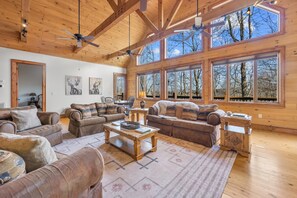 Tv, eldstad, böcker och datorskärmar