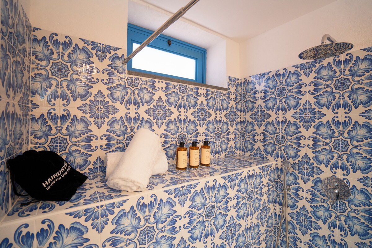A bathroom with blue and white patterned tiles, a window, a towel, and two bottles.