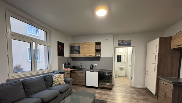 Un appartement moderne comprenant un salon, une cuisine et un coin repas.