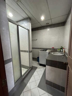 Hair dryer, bidet, towels, soap