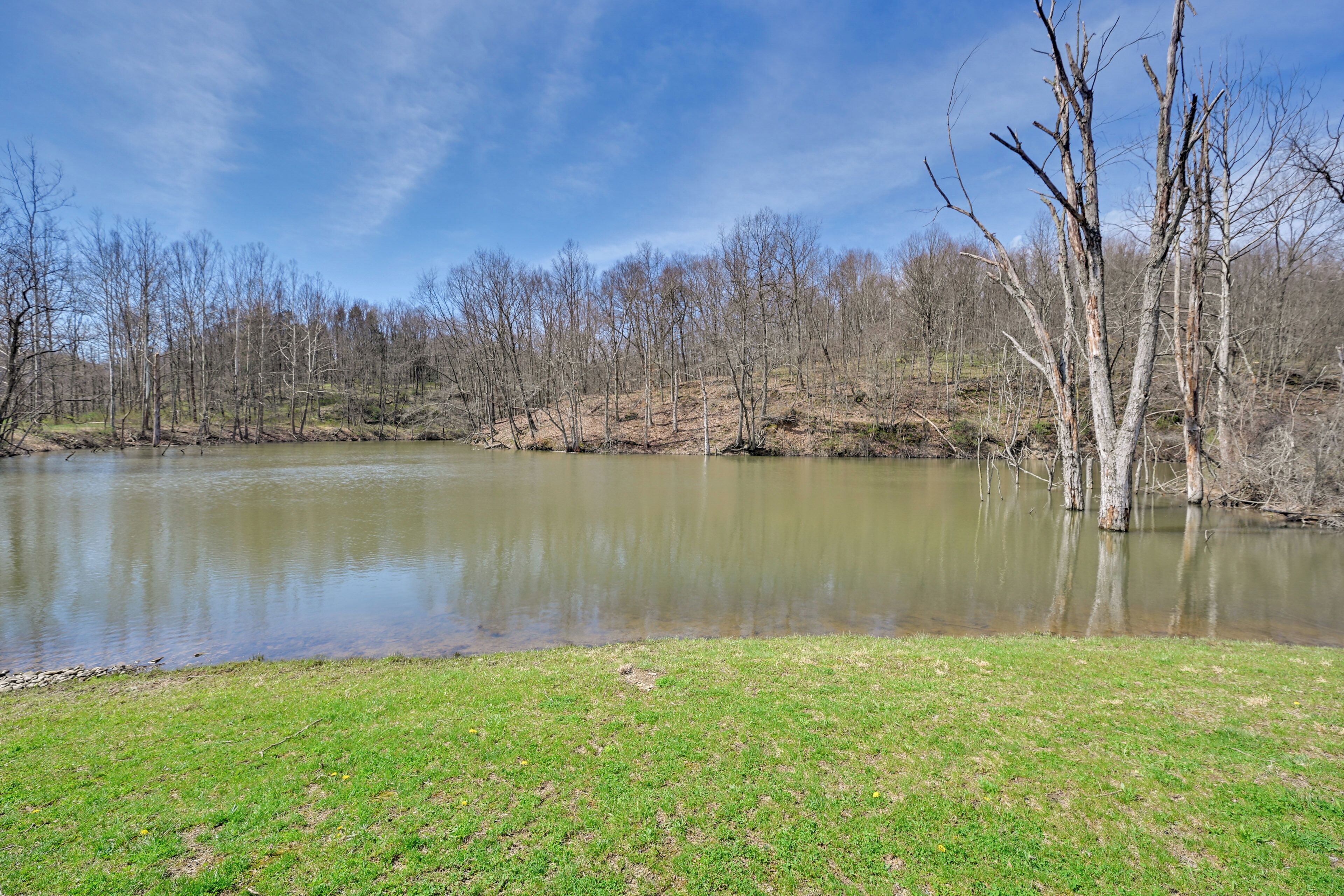 A calm river with trees and grassy banks.