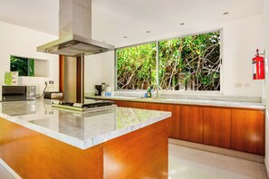 Fridge, oven, stovetop, cookware/dishes/utensils