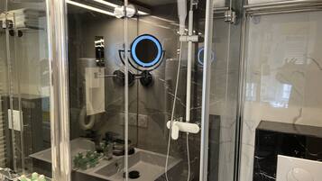 Shower, hair dryer, towels