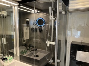 Shower, hair dryer, towels