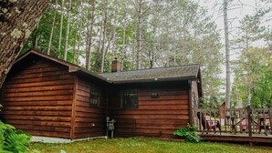 Une cabane en bois dotée d’un porche, entourée d’une forêt.