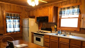 A wooden cabin-style kitchen with a refrigerator, stove, microwave, and sink. - Old Stoney's Walleye- PET FRIENDLY (Arbor Vitae)