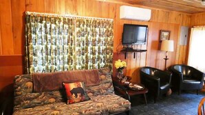 A cozy living room with a patterned sofa, a flat-screen TV, and two leather chairs. - Old Stoney's Walleye- PET FRIENDLY (Arbor Vitae)