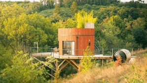 A wooden cabin with a small deck, surrounded by dense forest.