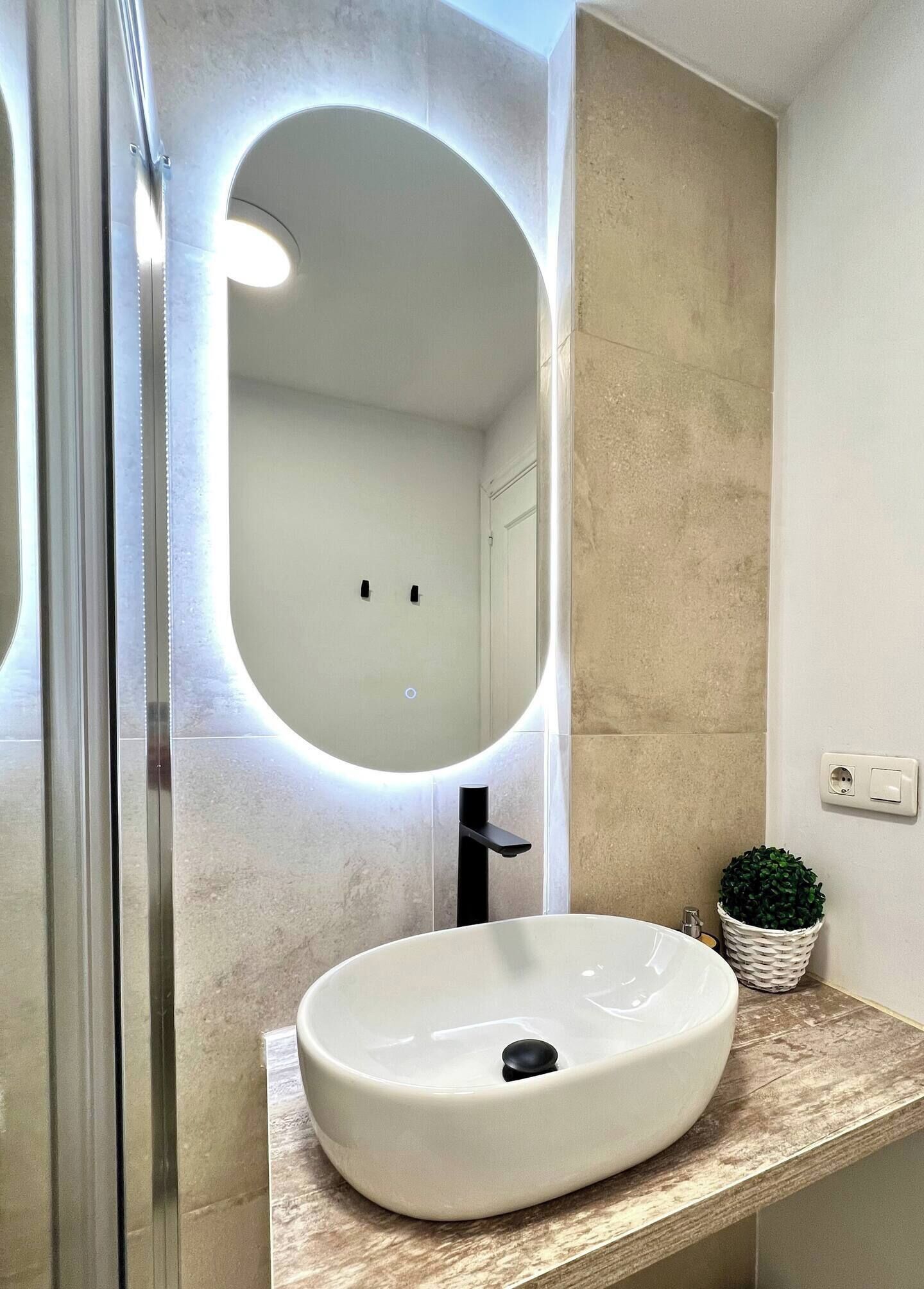 Une salle de bain avec un grand lavabo ovale, un miroir doté d’un éclairage intégré, une petite plante en pot et une prise électrique visible.