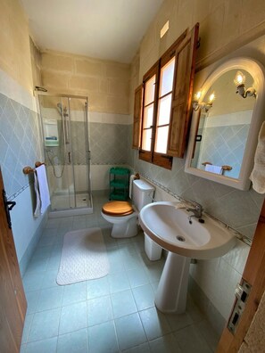 Hair dryer, towels, soap