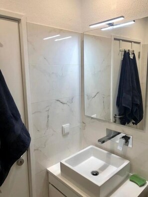 Shower, hair dryer, shampoo, toilet paper