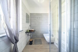 Shower, hair dryer, bidet, towels