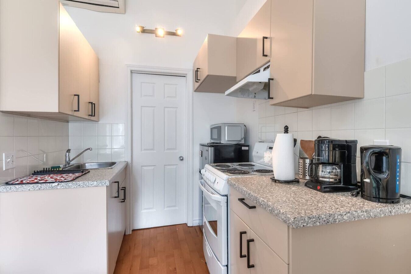 Fridge, stovetop, toaster, cookware/dishes/utensils