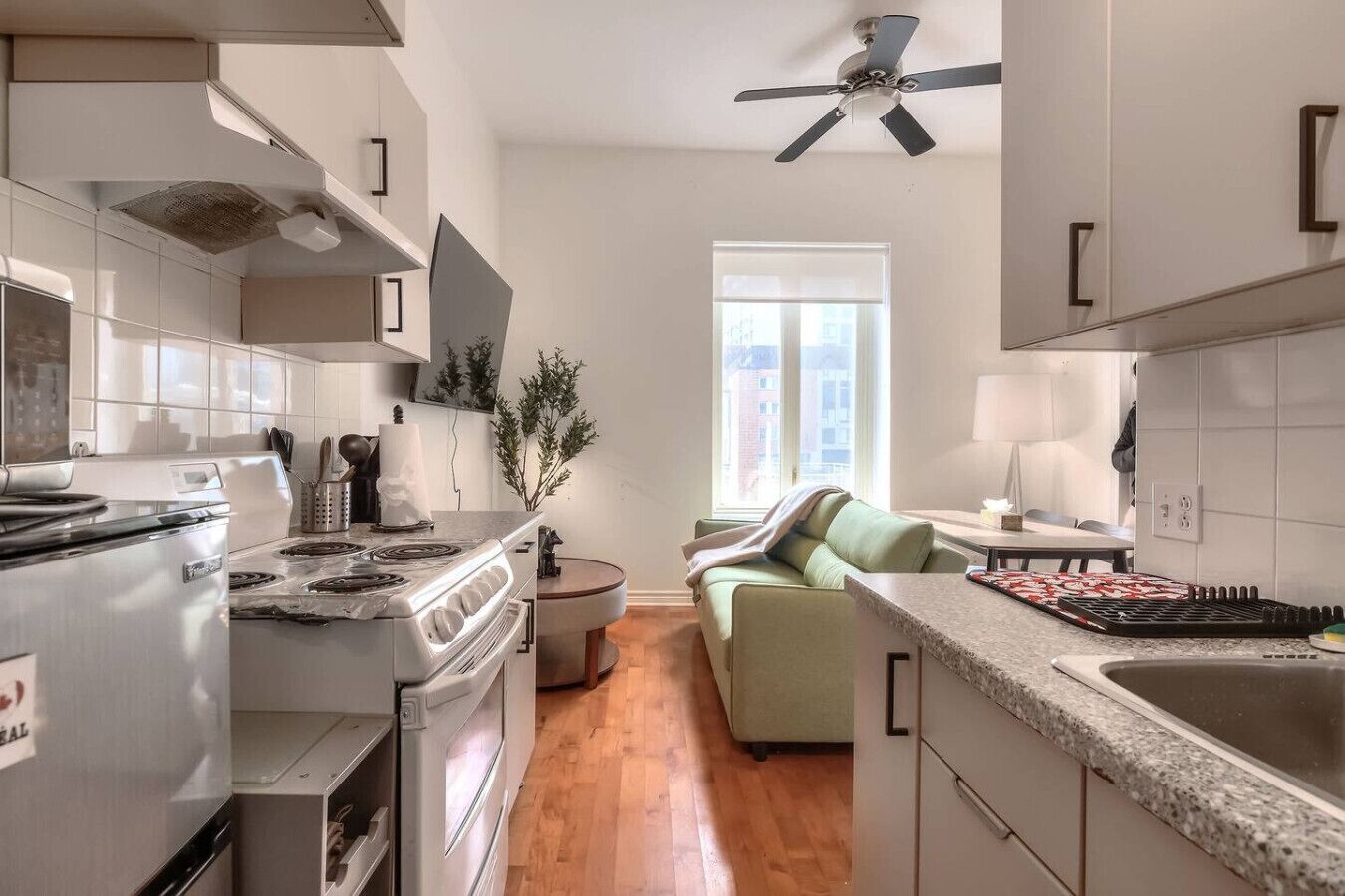 Fridge, stovetop, toaster, cookware/dishes/utensils