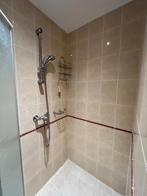 Shower, hair dryer, towels, toilet paper