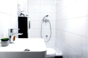 Shower, hair dryer, soap
