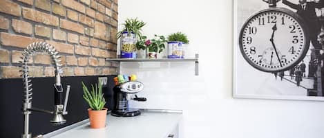Et køkken med vask, kaffemaskine og plantet blomster på en hylde.